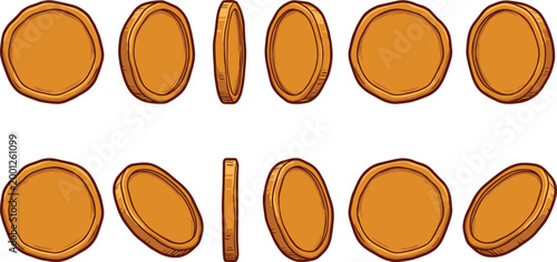 Wooden Coin Token Set in Different Angles Flat Vector Illustration with Round Shapes for Game Assets UI Design and Icon Collection