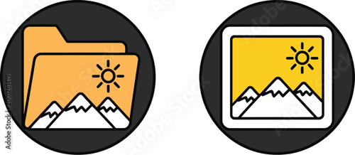 Photo gallery icon set, modern orange yellow icons representing photography pictures albums media files and digital content UI elements.