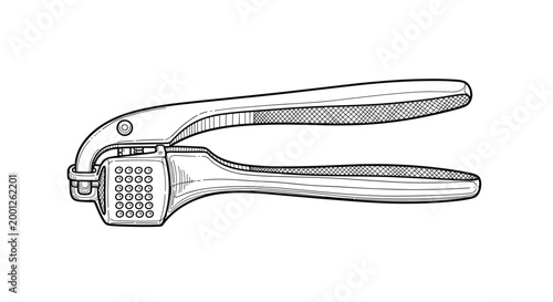 Manual garlic press or nutcracker tool is illustrated in a detailed black and white sketch showing its mechanical handle and pivot point.