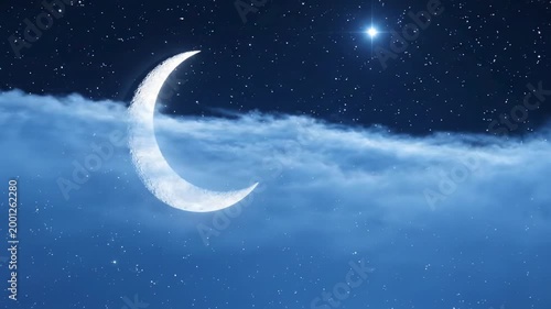 Dreamy crescent moon and the star over a horizontal blue cloud veil, wide starlit night panorama with luminous lunar curve, peaceful celestial scene for sleep, fantasy ambience and soft sky motion
