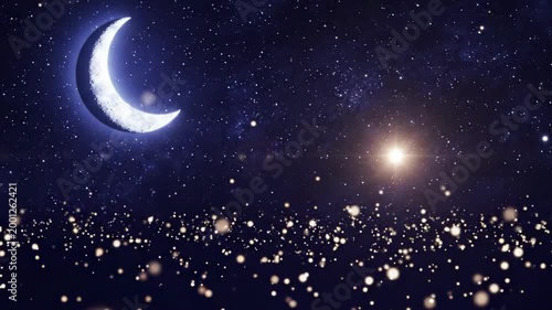 Sparkling crescent moon and the star among golden bokeh lights, wide galactic night sky with dreamy particles, luminous lunar arc for magical celestial celebration background and festive glow