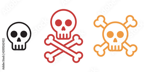 Skull and crossbones symbol set, danger warning death piracy icons, vector illustration collection for hazard communication, warning labels, pirate design assets