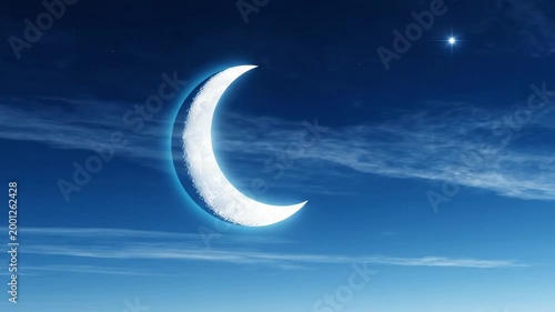 Bright crescent moon and the star across blue predawn sky, luminous lunar curve beside wispy high clouds and soft horizon gradient, elegant celestial background for tranquil night visuals and space