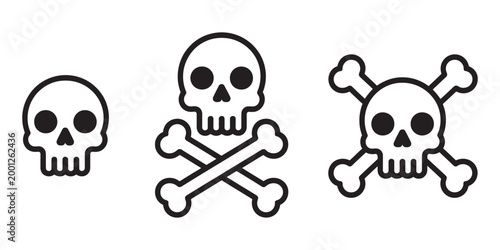 Skull and crossbones icon set, danger warning death piracy symbols, vector illustration collection for hazard signs, toxic alerts, pirate theme design