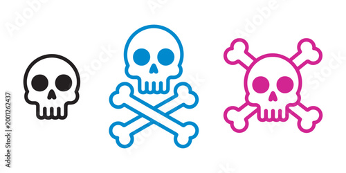 Skull and crossbones icon set, danger warning death piracy symbols, vector illustration collection for hazard signs, toxic alerts, pirate theme design
