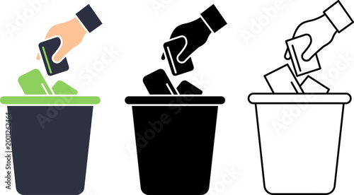 Hand Throwing Card Into Trash Bin Icon Set Waste Disposal Recycle Cleanup Vector Illustration