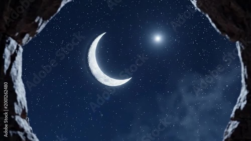 Crescent moon and the star framed by rugged natural stone arch, clear starlit desert night with glowing lunar curve and rocky silhouette, cinematic celestial landscape background for wild travel mood