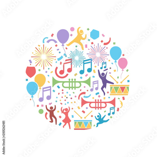 Celebration Circle: Music, Dancing, Confetti, Balloons, Party Icons