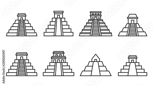 Set of eight outline illustrations depicting various ancient stepped pyramids and temples, reminiscent of Mayan or Aztec architecture.