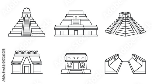 Line art illustrations of ancient Mayan and Aztec pyramids, temples, and historical Mesoamerican architecture.