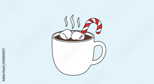 Cozy white ceramic mug filled with steaming hot chocolate, topped with fluffy marshmallows and a red candy cane.