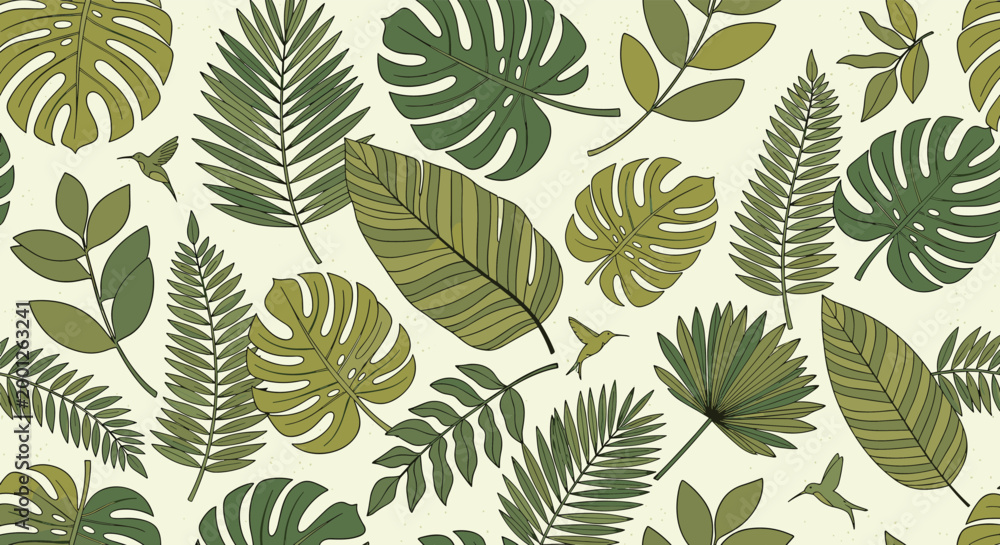 Fototapeta premium Lush seamless tropical pattern with detailed green leaves of various plants and small hovering hummingbirds throughout.