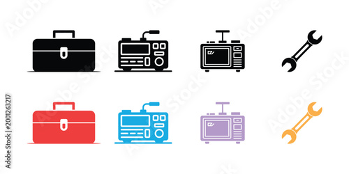 Various colored calculator and pencil on white background