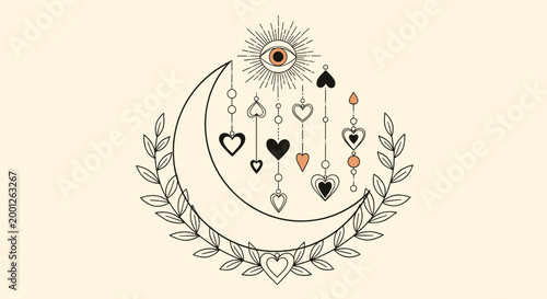Mystical occult illustration with a crescent moon, a central eye, dangling heart charms, and a leafy wreath border.