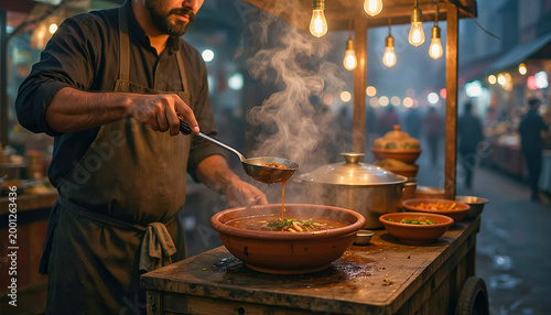 Authentic Pakistani Street Food Vendor Serving Hot Nihari in Clay Bowl at Night Market