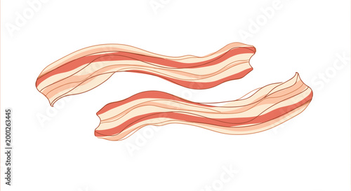 Two strips of raw marbled bacon with realistic texture and fat layers isolated against a clean white background for food design.