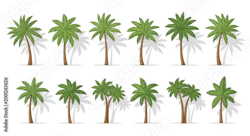 Ten green palm trees in a row Vector