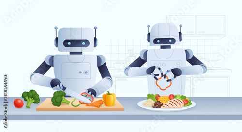 Automated Kitchen Efficiency Two advanced AI robots meticulously prepare and garnish healthy meals, illustrating the future of culinary technology and smart food preparation