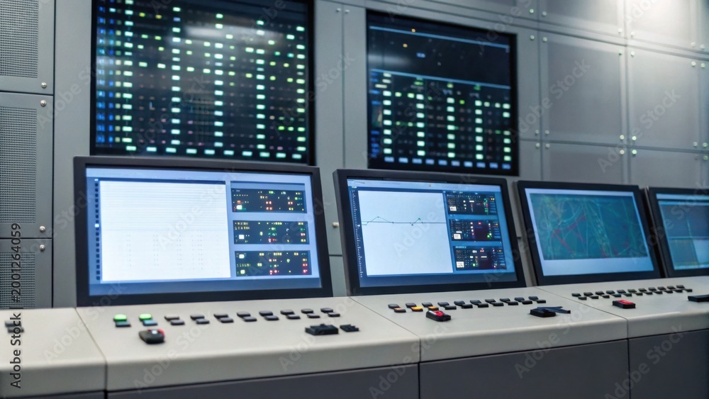 Fototapeta premium Control room with multiple digital screens displaying data, charts, and system statuses in a modern industrial or technological environment.