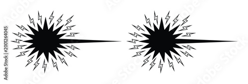 雷の閃光と爆発を表現した黒いシルエットのベクターアイコンセット、電気エネルギーと衝撃波のグラフィック素材、2種類の鋭いスパークと稲妻のシンボル、警告やパワーを象徴するミニマルなデザイン要素