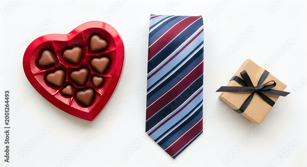 Obraz premium Valentine's day gift arrangement chocolates tie and small present