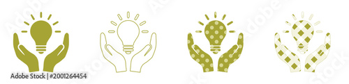 電球と手をモチーフにした4種類のベクターアイコンセット, アイデアやひらめきを象徴する電球を包み込む手のイラスト, オリーブグリーンの配色が美しいビジネス向けコンセプト素材, 創造性やイノベーションを表現するグラフィックデザイン