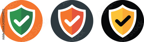 Shield check icon set, orange yellow and black colored symbols representing security protection verification trust and safe access design elements.