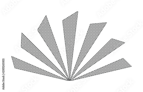 幾何学的な扇形のベクターロゴデザイン, 放射状に広がるシャープなモノトーンの抽象的なシンボル, 網掛け模様のテクスチャを持つモダンなグラフィック素材, 企業のブランディングやミニマルなアイコンに最適なベクターイラストレーション