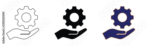 ミニマルな歯車と手のアイコンセット、ビジネスのサポートやメンテナンスを象徴する3種類のベクター素材、カスタマーサービスと技術支援のコンセプト、黒と紺のフラットデザイン