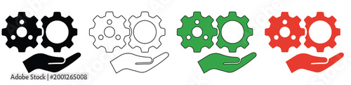 歯車と手を組み合わせたメンテナンスとサポートのアイコンセット, 4種類のカラーバリエーションのベクター素材, 産業用機械の修理や技術支援を象徴するフラットデザイン, サービス提供とエンジニアリングのコンセプトイラスト