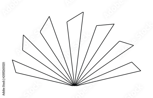 ミニマルな幾何学模様の扇状ベクターイラスト, シンプルな黒の線画で描かれた放射状の抽象デザイン, モダンなロゴや装飾に最適なグラフィック素材, 白背景に映えるシャープな多角形の集合体