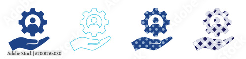 カスタマーサポートのアイコンセット, 手のひらの上の歯車と人物のベクター素材 4種類, ユーザー管理とテクニカルサポートのシンボル, 青色を基調としたビジネス向けフラットデザインとアウトラインのイラストレーション