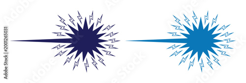 電撃と稲妻のスパークアイコン、青い雷光のエネルギー爆発ベクター素材、スピード感のある電気ショックのグラフィック、2種類のカラーバリエーション、サイエンスフィクションや電力イメージのロゴデザイン