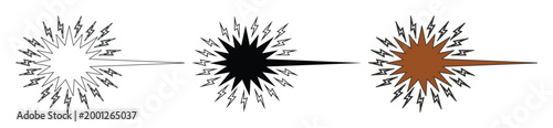 雷の閃光と爆発を表現したベクターアイコンセット, 稲妻のエネルギーが放射状に広がるグラフィック素材, 黒と茶色のカラーバリエーションを含む3種類の衝撃波デザイン, 漫画やアニメーションの戦闘シーンに最適なエフェクトイラスト