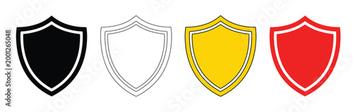 盾のアイコンセット、セキュリティと保護を象徴する4種類のカラーバリエーション、黒・白・黄・赤のフラットなベクターイラスト、サイバーセキュリティや防御のコンセプトデザイン