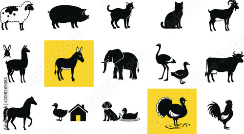 Black and white farm animals illustration set Vector