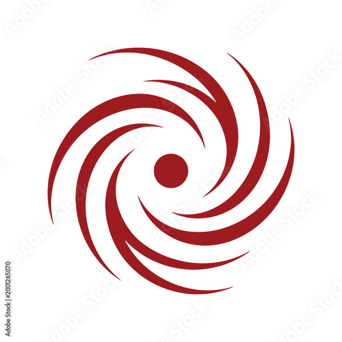 赤い渦巻きの抽象的なベクターロゴデザイン, 旋回するダイナミックなスパイラル形状のアイコン, 台風や銀河をイメージしたモダンなグラフィック素材, 白背景に映えるエンジ色の回転シルエット