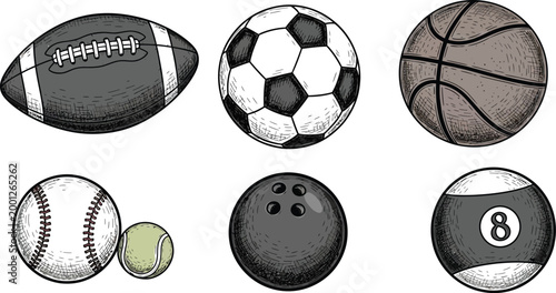 Six different sports balls illustration Vector