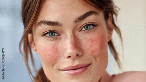 Close-up of a woman with rosacea red, irritated skin. She has soft brown hair and blue eyes