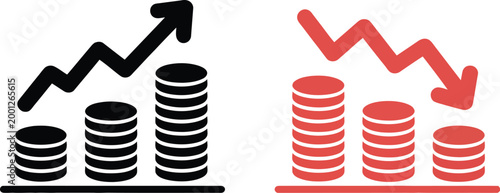 Coin stack icon set, modern flat vector icons illustrating money increase decrease with arrows for financial analytics economy trends and business performance design.