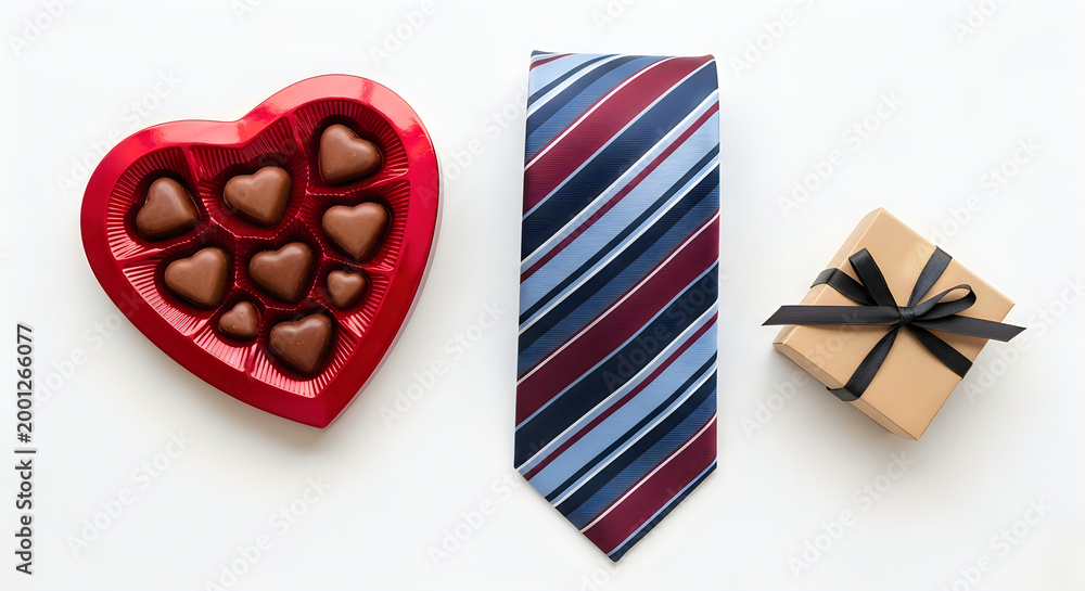 Obraz premium Valentine's day gift arrangement chocolates tie and small present