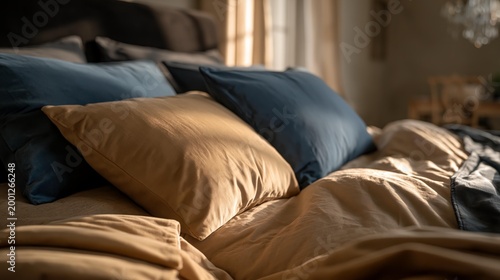 Cozy bed with blue and beige pillows. Soft sunlight streams through sheer curtains