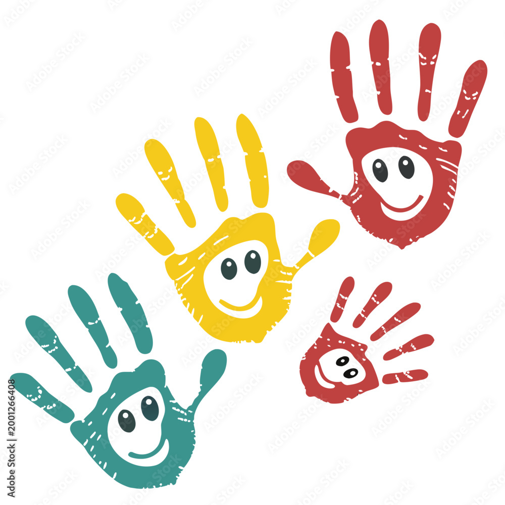 Fototapeta premium Handprint characters with happy smiling faces art.