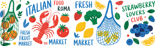 Italian, Mediterranean food and cuisine vector illustration set with lobster tomatoes lemons pasta pizza and market basket concept for banner design.