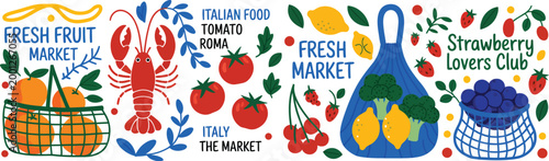 Italian, Mediterranean food and cuisine vector illustration set with lobster tomatoes lemons pasta pizza and market basket concept for banner design.