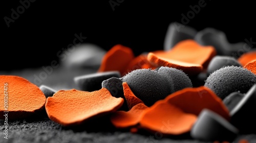 A close-up of textured orange and gray particles scattered on a dark background, highlighting contrasting colors and intricate details.