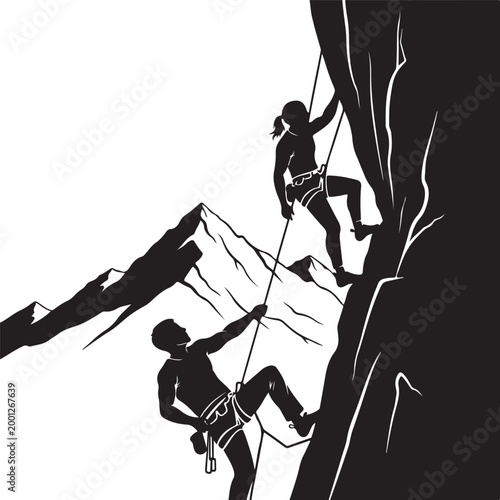 Rock climbing, mountain climbing, adventure sports, silhouette illustration, black and white