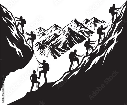 Black silhouette mountain climbers, teamwork adventure, climbing ropes, snowy peaks, vector illustration