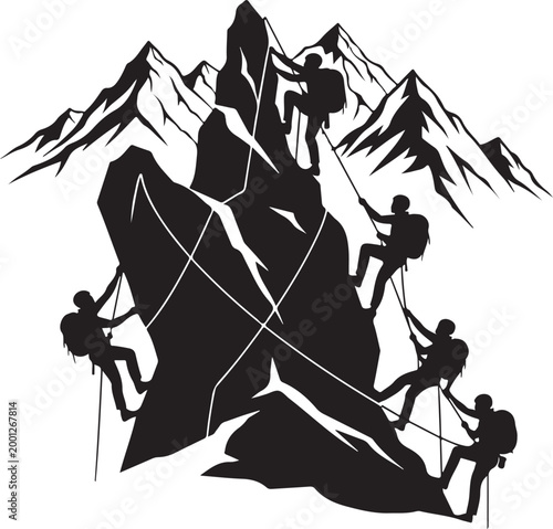 Mountain climbers silhouette, rock climbing icons, adventure graphics, black vector illustrations