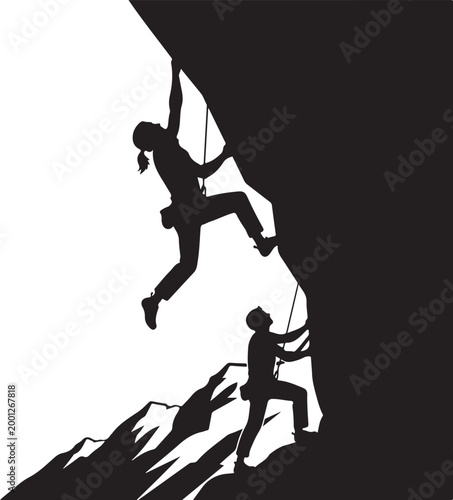 Climbing, adventure, silhouette, black, vector, rock climbing, mountain climbing, two people, rope, climbing illustration, outdoor activity
